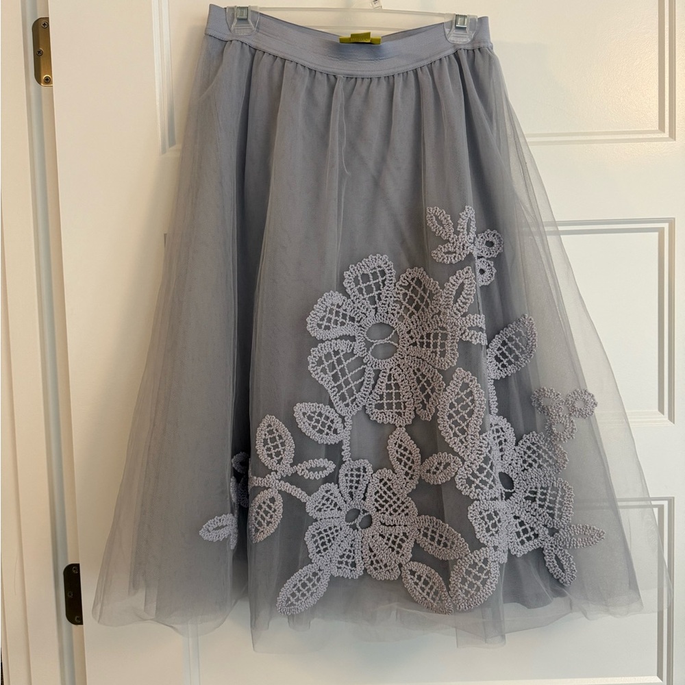 Elegant Blue Gray Floral Lace Tulle Skirt, M